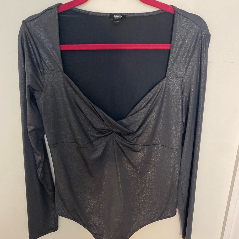 Express Body Contour Metallic Gray Twist Front Body Suit - Picture 2 of 11